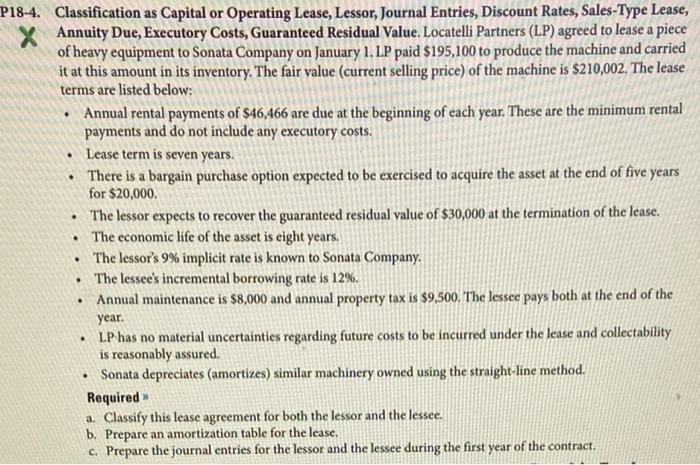 Solved Classification as Capital or Operating Lease, Lessor, | Chegg.com