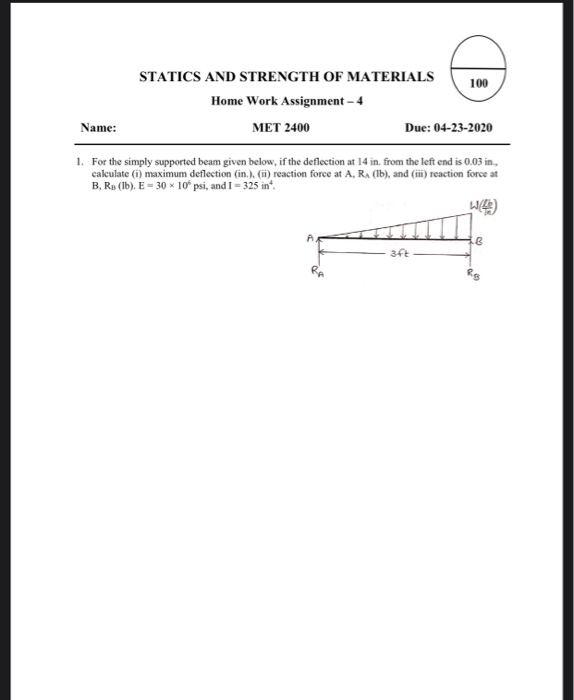 Solved 100 STATICS AND STRENGTH OF MATERIALS Home Work | Chegg.com