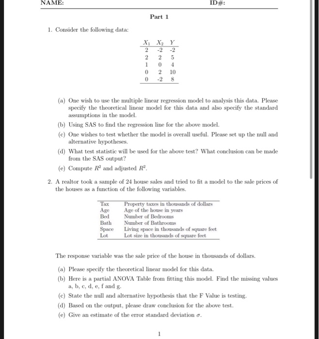 Solved NAME ID#: Part 1 1. Consider the following data: X, | Chegg.com