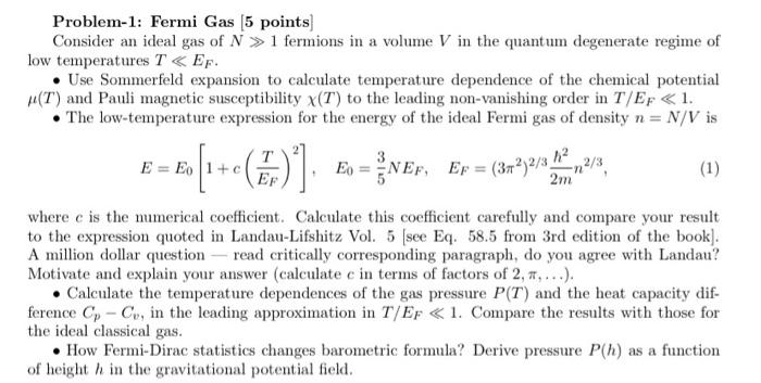 Solved Problem-1: Fermi Gas (5 points) Consider an ideal gas | Chegg.com