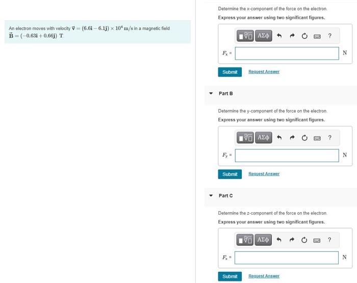 Determine the \( x \)-component of the force on the electron. Express your answer using two significant figures.
An electron