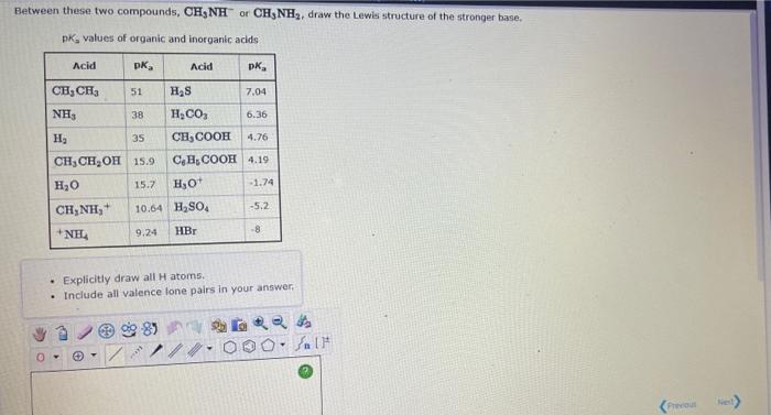 Between these two compounds, CH, NH or CH3NH?, draw the Lewis structure of the stronger base.
pk, values of organic and inorg