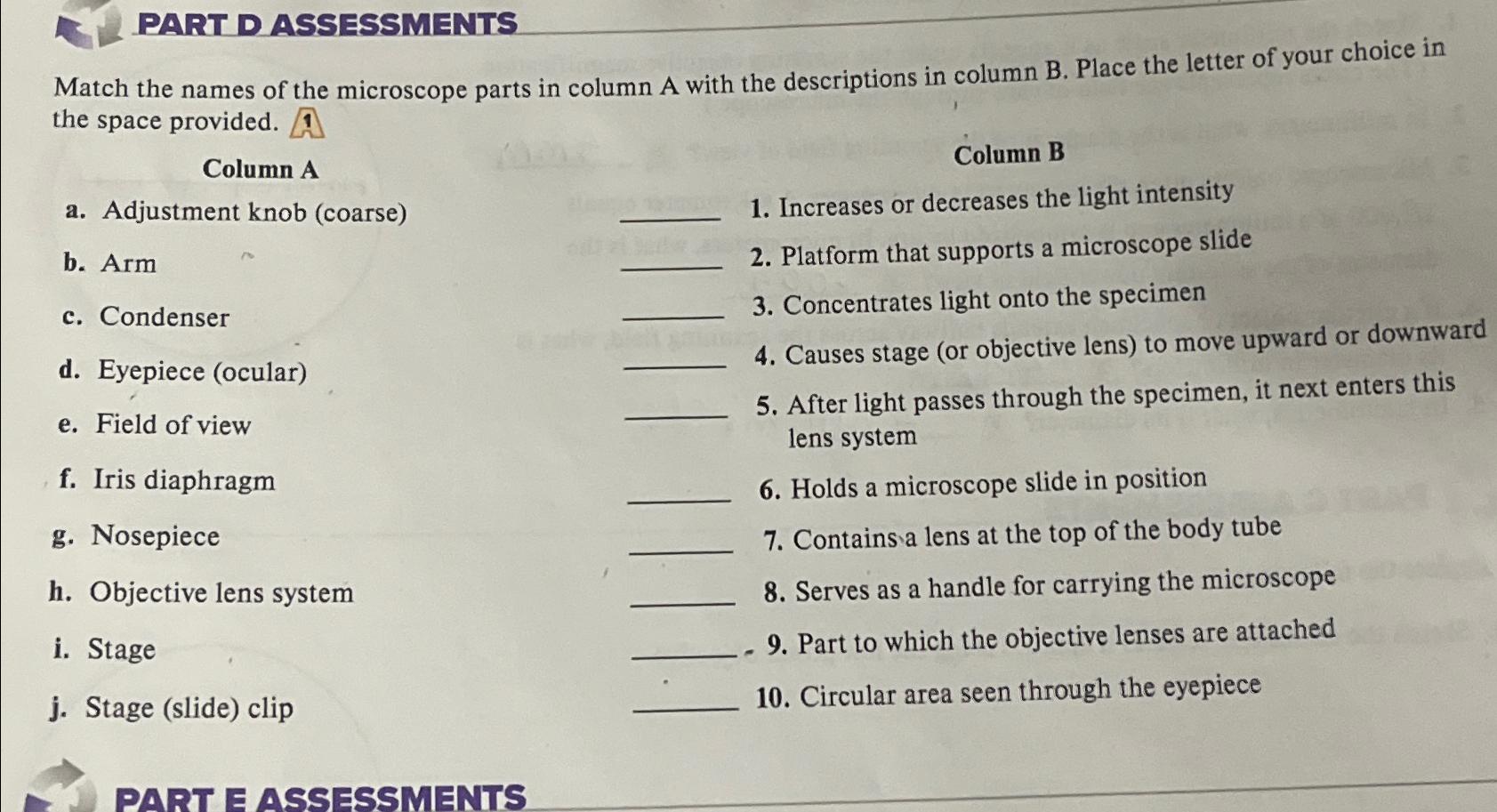 Solved PART D ASSESSMENTSMatch the names of the microscope | Chegg.com