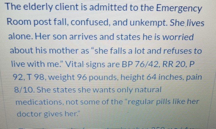 Solved The elderly client is admitted to the Emergency Room | Chegg.com