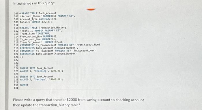Solved Imagine we ran this query: 106 CREATE TABLE Bank | Chegg.com