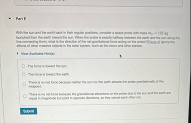 Solved Part EWith the sun and the earth back in their | Chegg.com