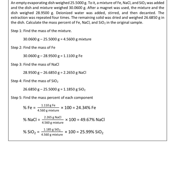 Solved and 1. Mass of evaporating dish (g) 754576 2. Mass of