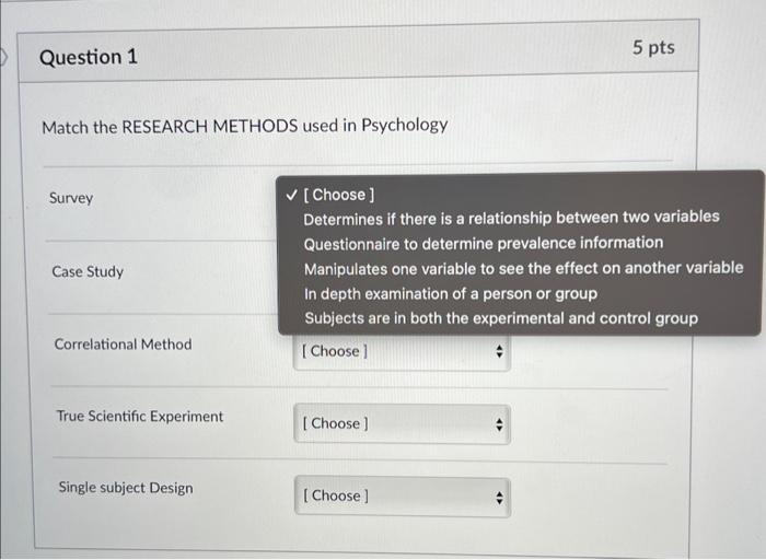 Solved Match the RESEARCH METHODS used in Psychology Survey | Chegg.com