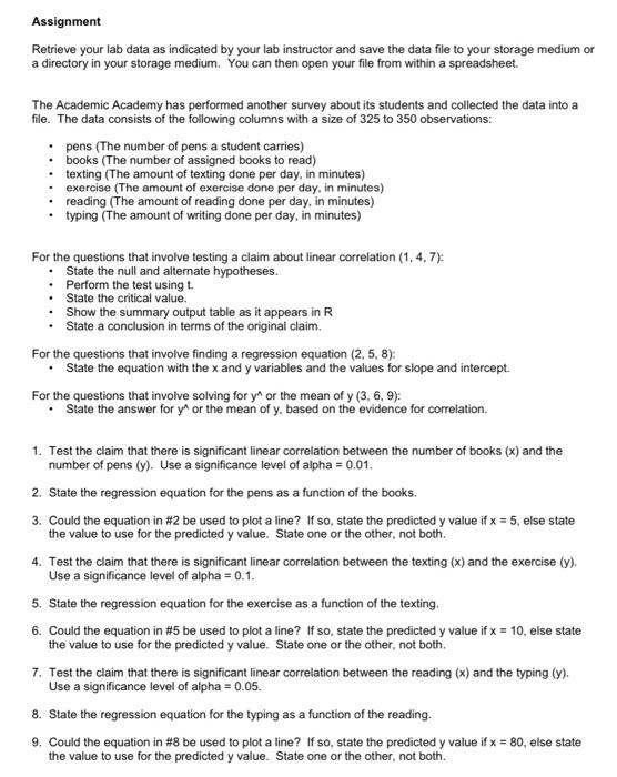 Solved Assignment Retrieve your lab data as indicated by | Chegg.com