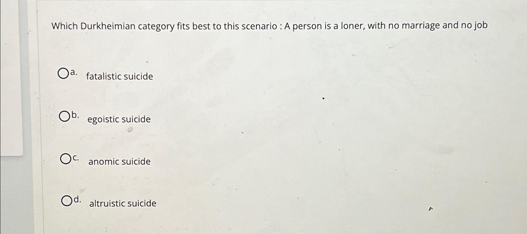 Solved Which Durkheimian category fits best to this scenario | Chegg.com