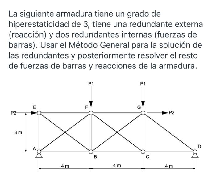 La siguiente armadura tiene un grado de hiperestaticidad de 3, tiene una redundante externa (reacción) y dos redundantes inte