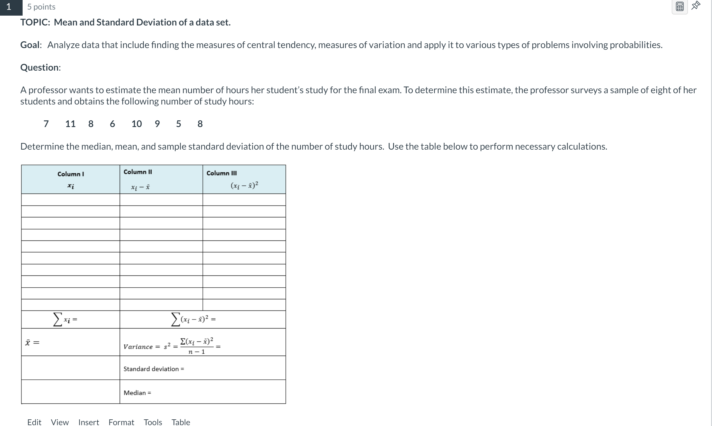 Solved TOPIC: Mean and Standard Deviation of a data | Chegg.com