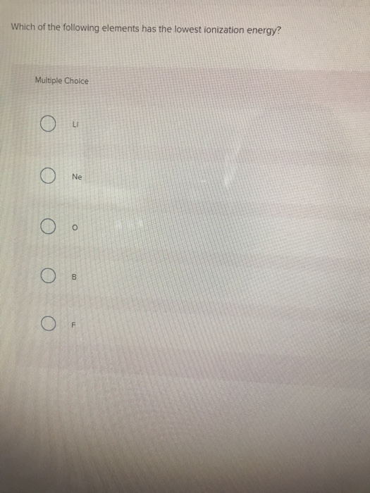 Solved Which Of The Following Elements Has The Lowest | Chegg.com Solved Which Of The Following Elements Has The Lowest | Chegg.com