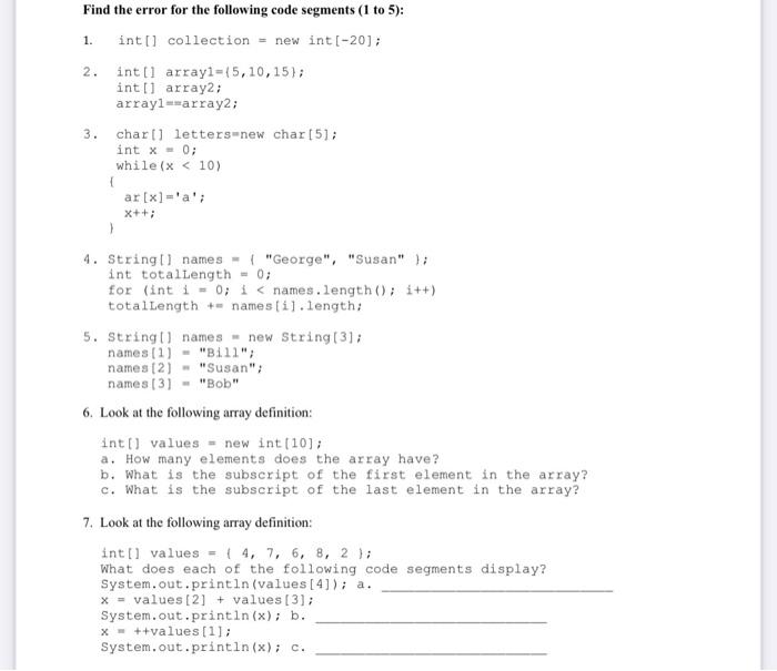 Solved 1. Find the error for the following code segments (1 | Chegg.com