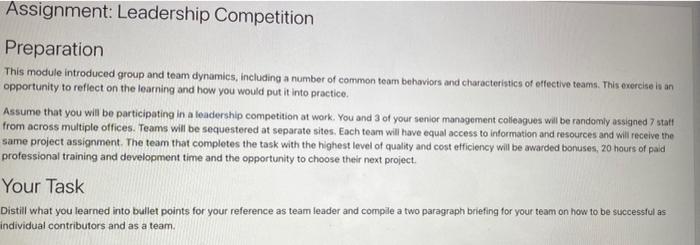 Solved Assignment: Leadership Competition Preparation This | Chegg.com
