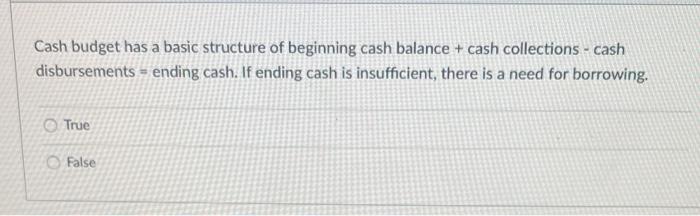 Solved Cash budget has a basic structure of beginning cash | Chegg.com
