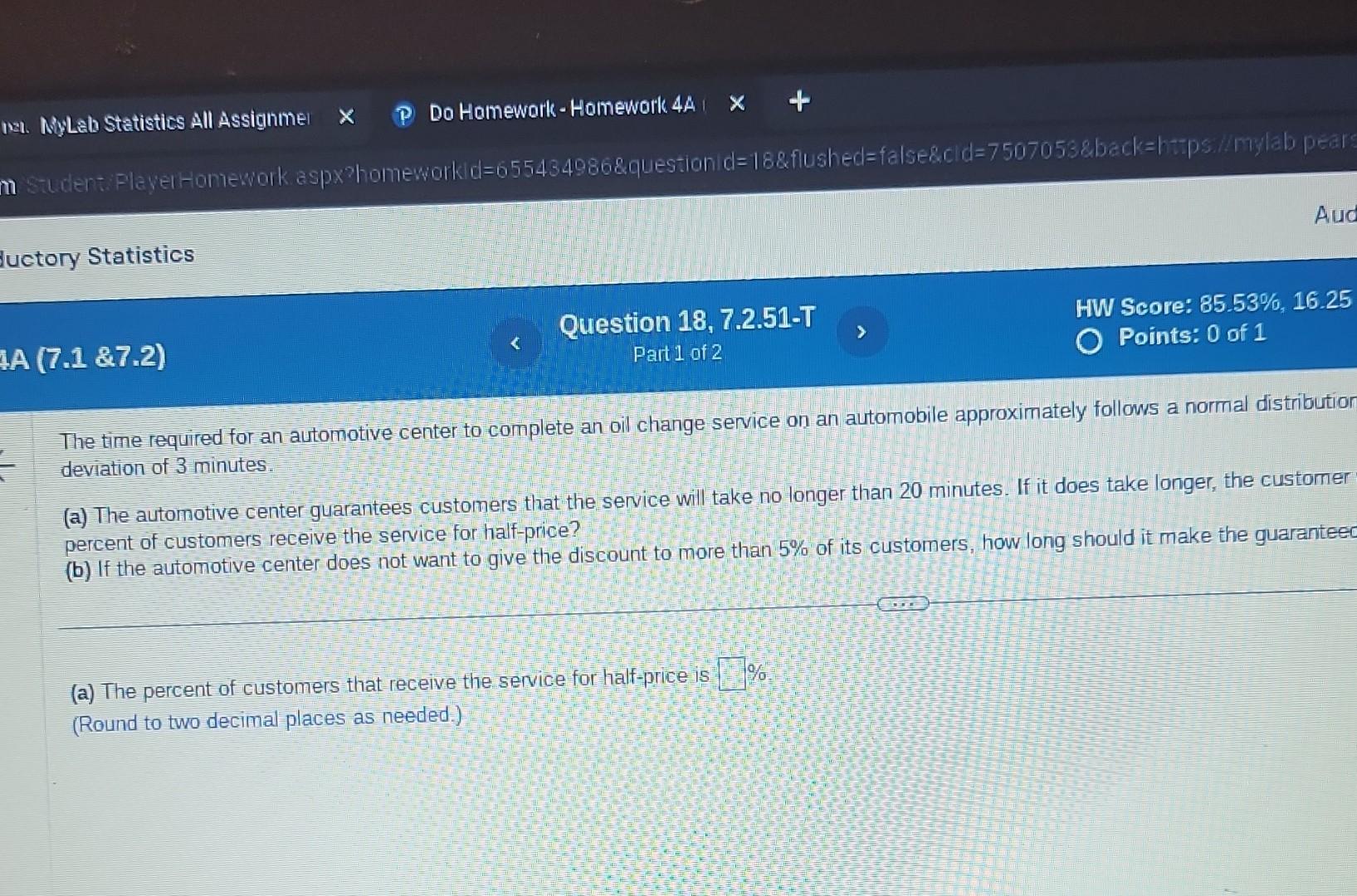 The time required for an automotive center to