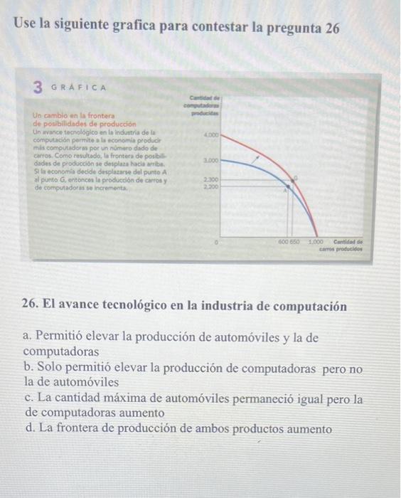 Use la siguiente grafica para contestar la pregunta 26 \[ 3 \text { GRAFICA } \] Un cambio en la frontera de posibilidades de