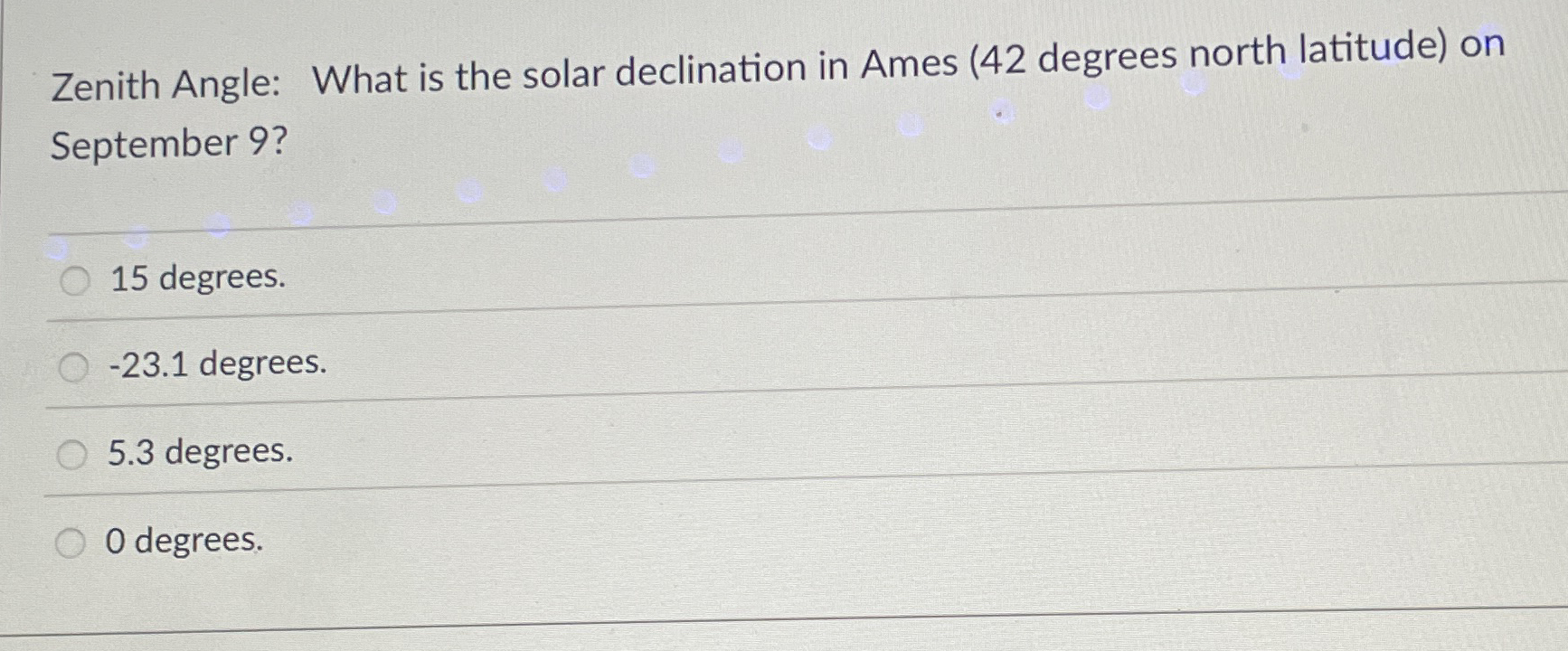 Solved Zenith Angle: What is the solar declination in Ames | Chegg.com