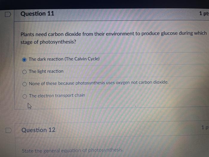 Solved Question 11 1 pt. Plants need carbon dioxide from