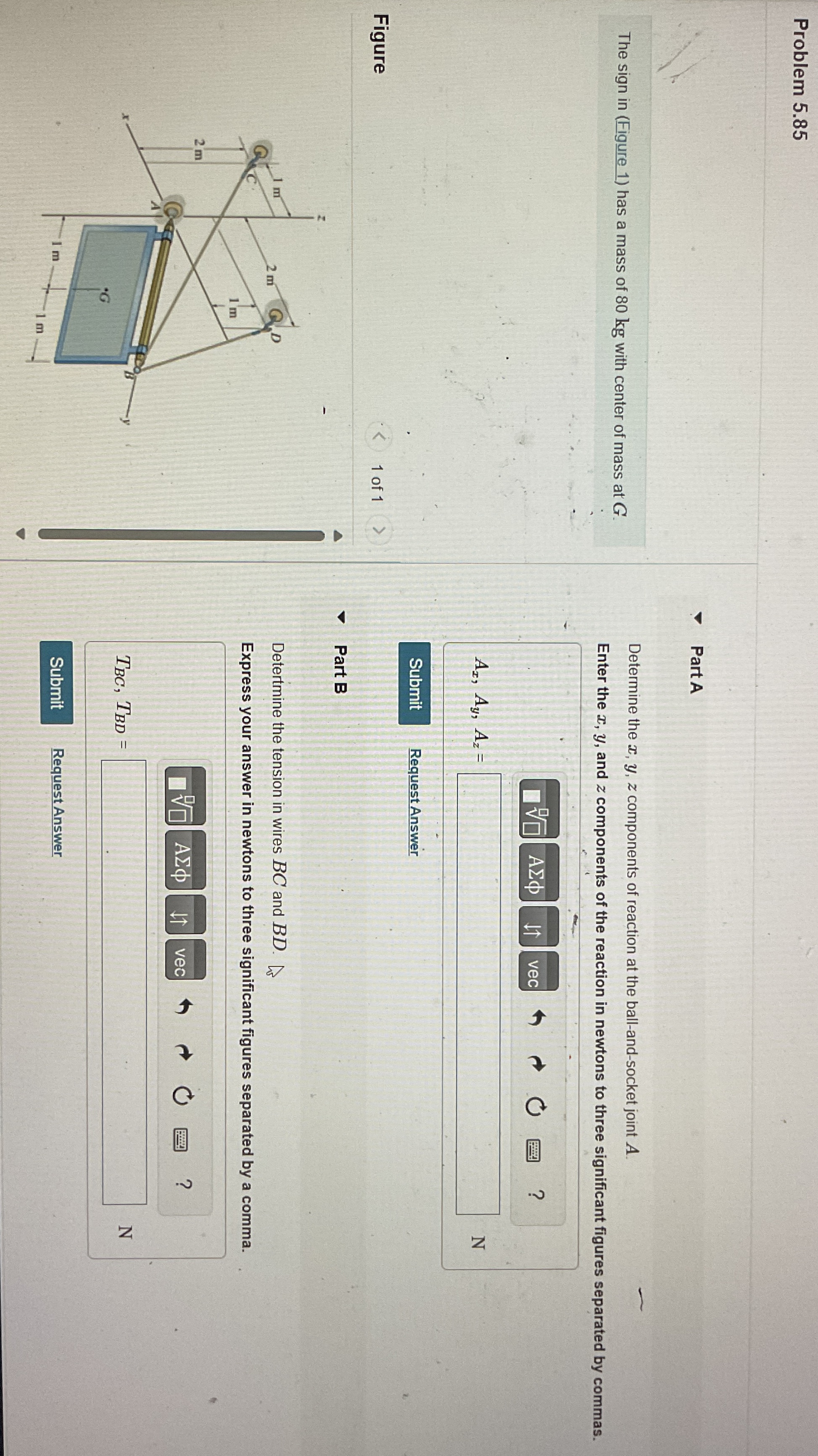 Solved Problem 5.85The sign in (Figure 1) ﻿has a mass of 80 | Chegg.com