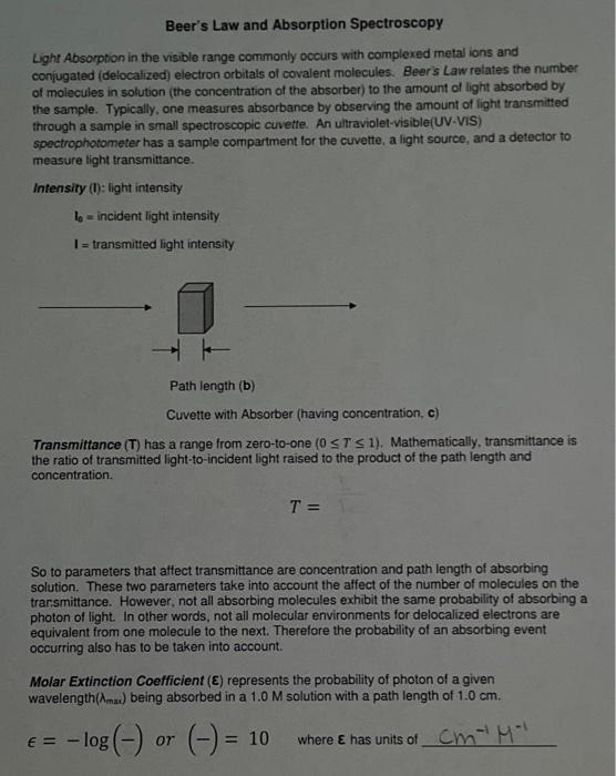 Solved Beer's Law and Absorption Spectroscopy Light