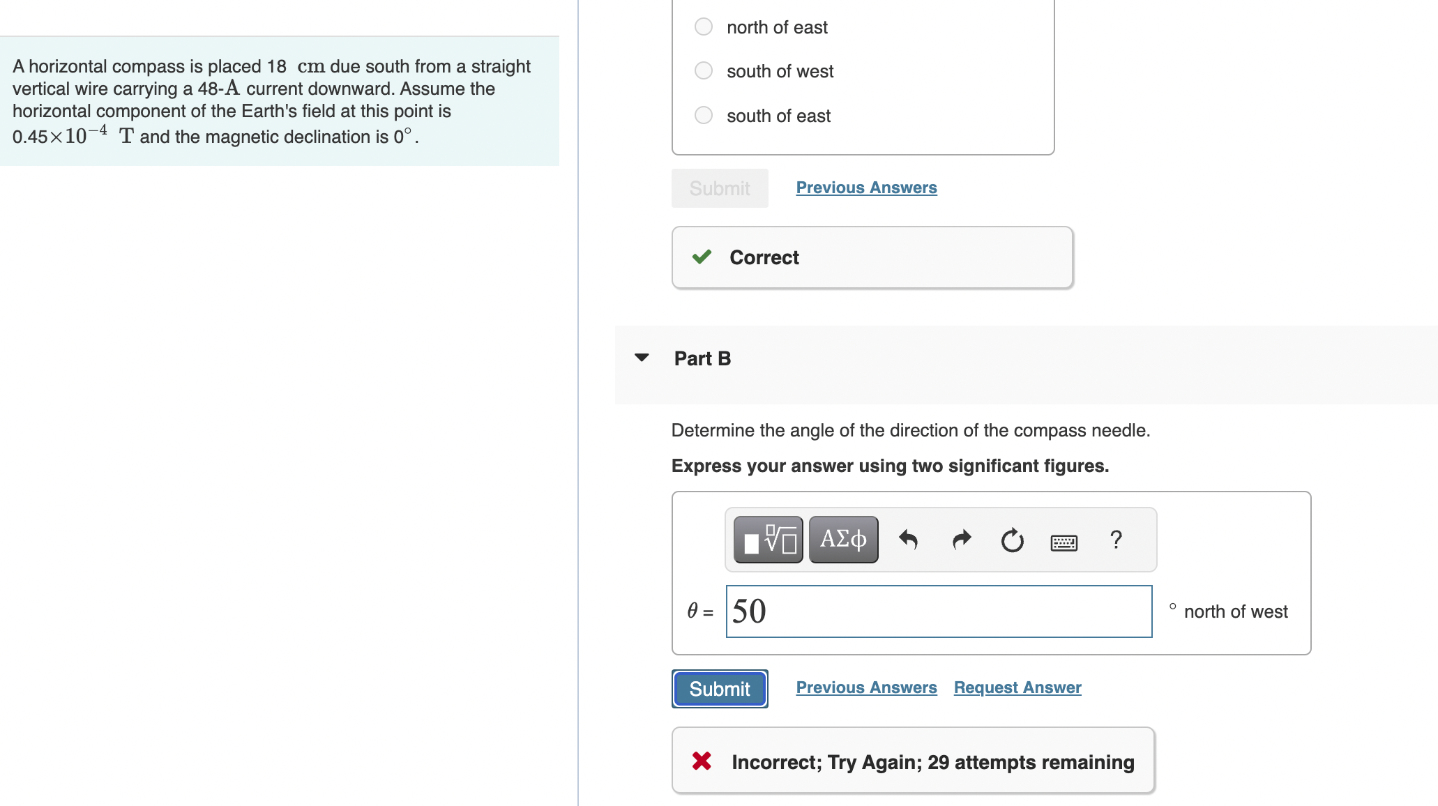 Solved A horizontal compass is placed 18cm due south from a | Chegg.com