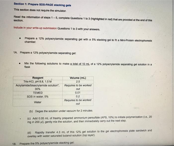 Solved Section 1 Prepare SDSPAGE stacking gels This