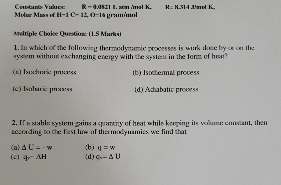 Solved R 8 314 J Mol K Constants Values R 0 01 L A Chegg Com