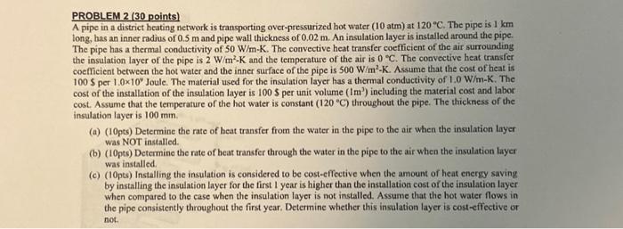 Solved PROBLEM 2 ( 30 points) A pipe in a district heating | Chegg.com