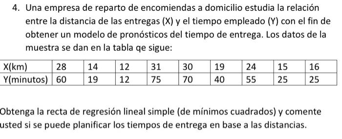 4. Una empresa de reparto de encomiendas a domicilio estudia la relación entre la distancia de las entregas \( (\mathrm{X}) \