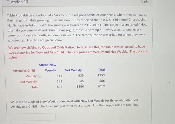 Table Probabilities. Gallup did a Survey of the religious habits of Americans, where they compared their religious habits gro