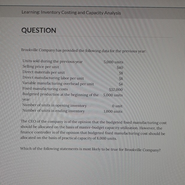 Solved Learning: Inventory Costing And Capacity Analysis | Chegg.com