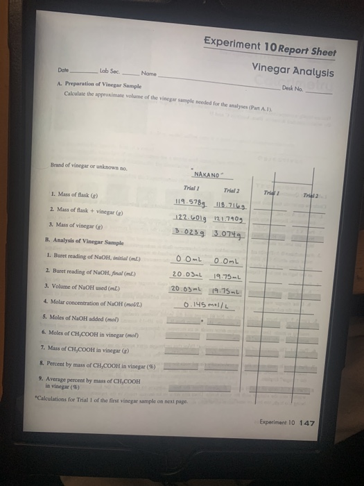 experiment 10 pre lab vinegar analysis