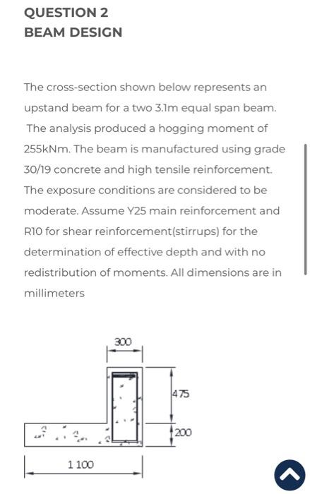 QUESTION 2
BEAM DESIGN
The cross-section shown below represents an
upstand beam for a two 3.1m equal span beam.
The analysis 