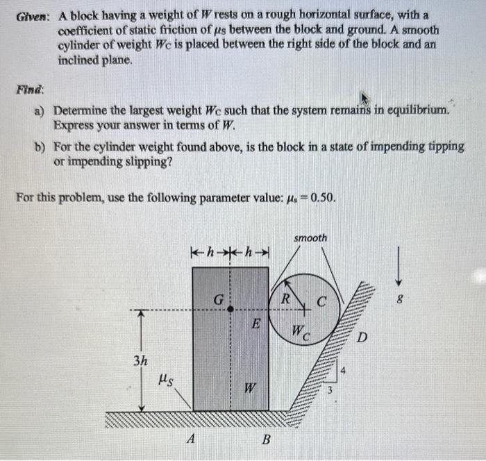 Solved Given: A block having a weight of W rests on a rough | Chegg.com