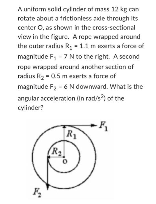Solved A uniform solid cylinder of mass 12 kg can rotate | Chegg.com