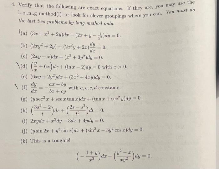 Solved 4 Verify That The Following Are Exact Equations If Chegg Com