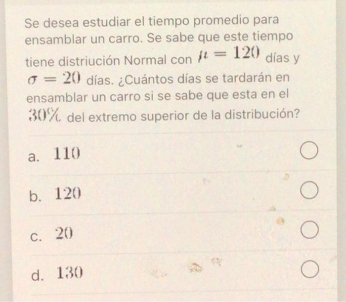 Se desea estudiar el tiempo promedio para ensamblar un carro. Se sabe que este tiempo tiene distriución Normal con \( i t=12(