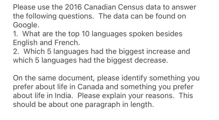 Solved Please use the 2016 Canadian Census data to answer | Chegg.com