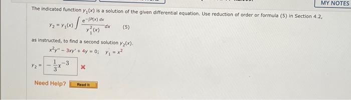 Solved MY NOTES The indicated function y(x) is a solution of | Chegg.com