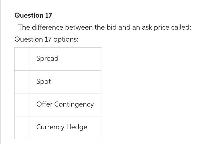 Solved Question 17 The Difference Between The Bid And An Ask | Chegg.com