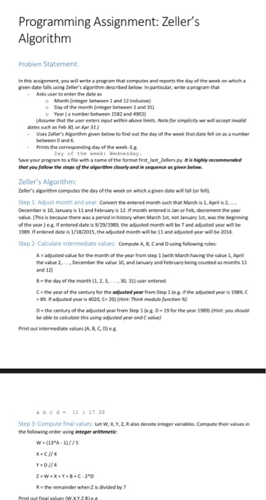 Solved Programming Assignment: Zeller's Algorithm Problem | Chegg.com