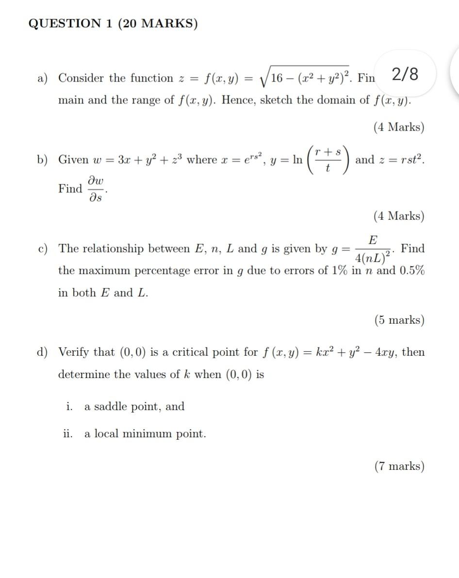 Solved Question 1 Marks A Consider The Function Z Chegg Com