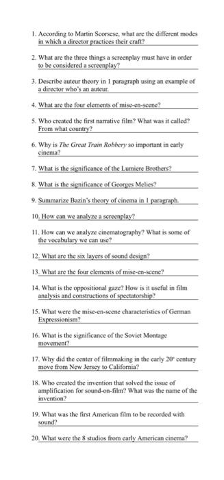 Solved 1. According to Martin Scorsese, what are the | Chegg.com