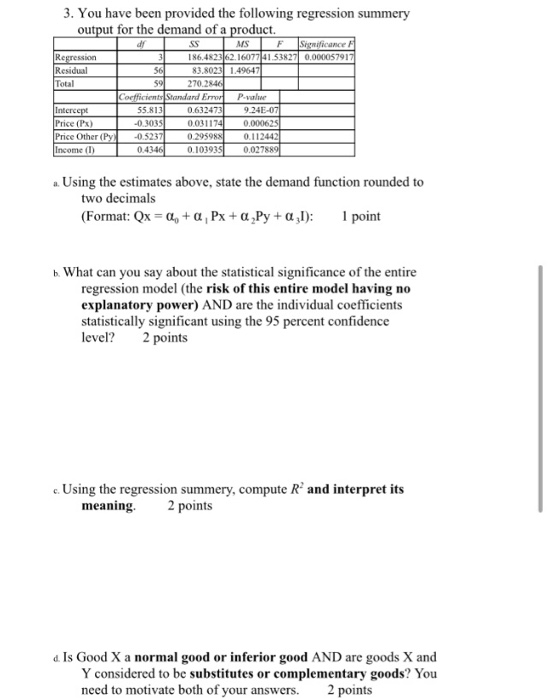 Solved 3. You have been provided the following regression | Chegg.com