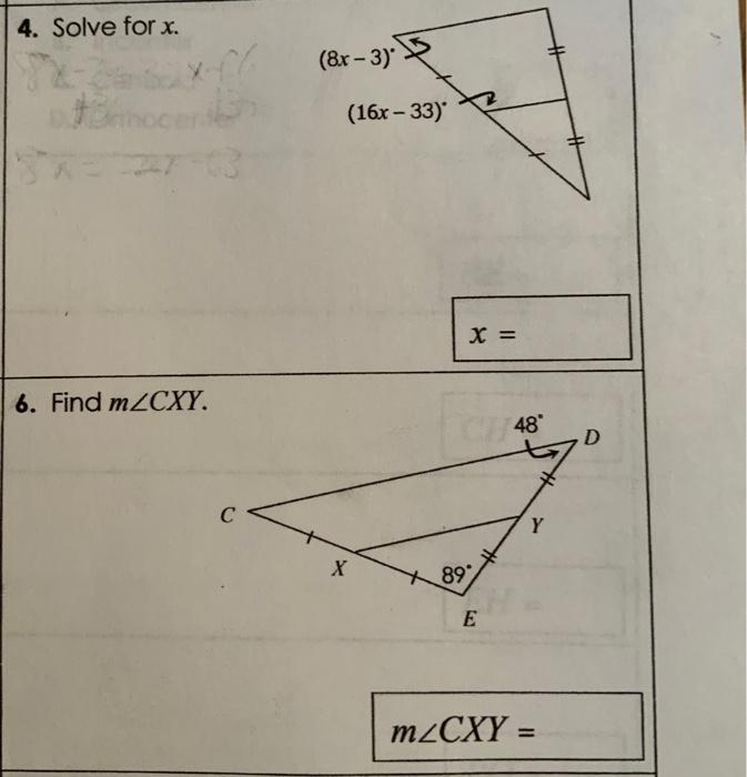 Solved 4. Solve for x. x= 6. Find m∠CX]− m∠CXY= | Chegg.com