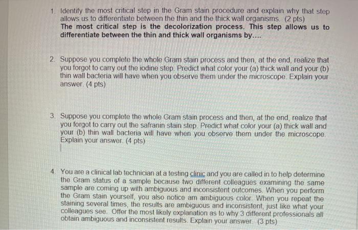 Solved 1. Identify the most critical step in the Gram stain | Chegg.com