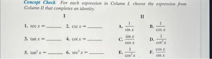 Solved Concept Check For each expression in Column I, choose | Chegg.com