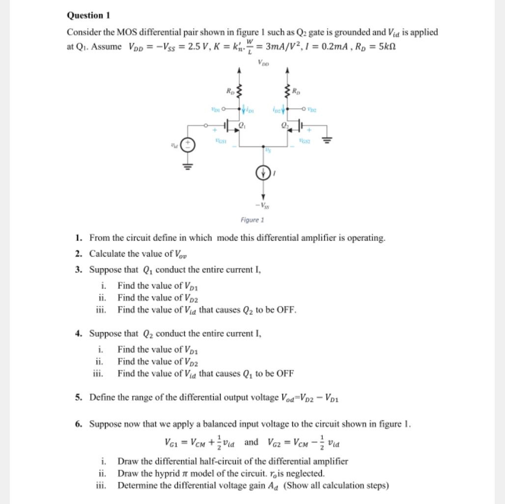 Solved Question 1Consider the MOS differential pair shown in | Chegg.com